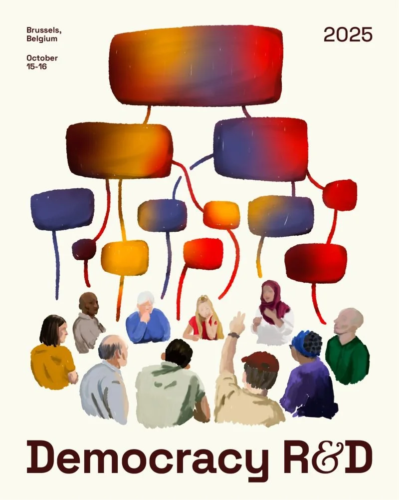 Flyer of the event, drawing of group of people debating